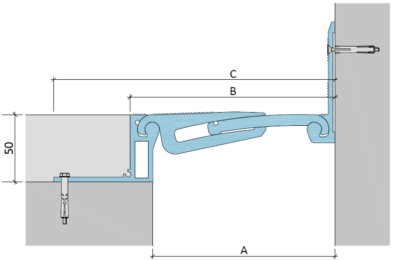 Схема монтажа деформационного шва Аквастоп ДША.ТС–50–УГЛ / 135
